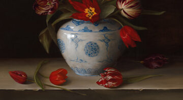 Detail of Dutch 16th to 19th century heritage tulips in an antique vase