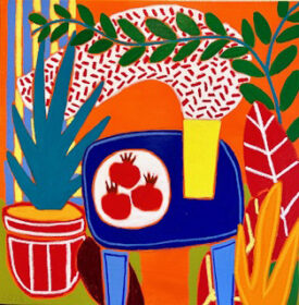 Warm blue table with pomegranates